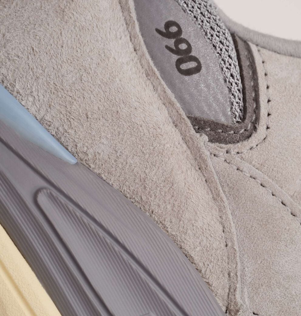 A close up of the 990v7 sneaker showcasing the material and texture.